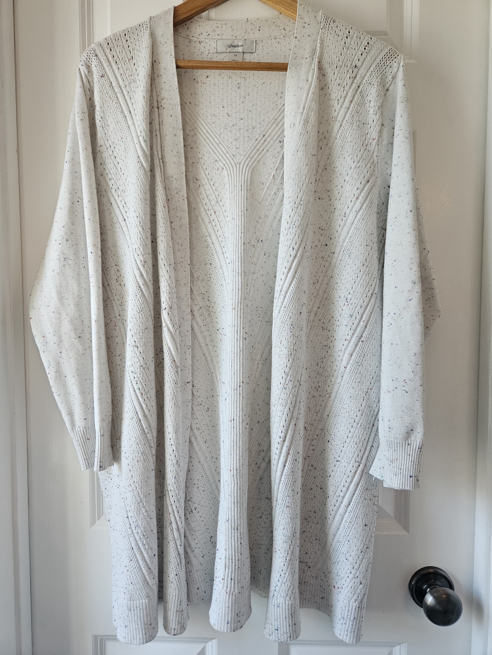 CJ Banks Cream Speckled Open Cardigan with Eyelet Detail Size 1X